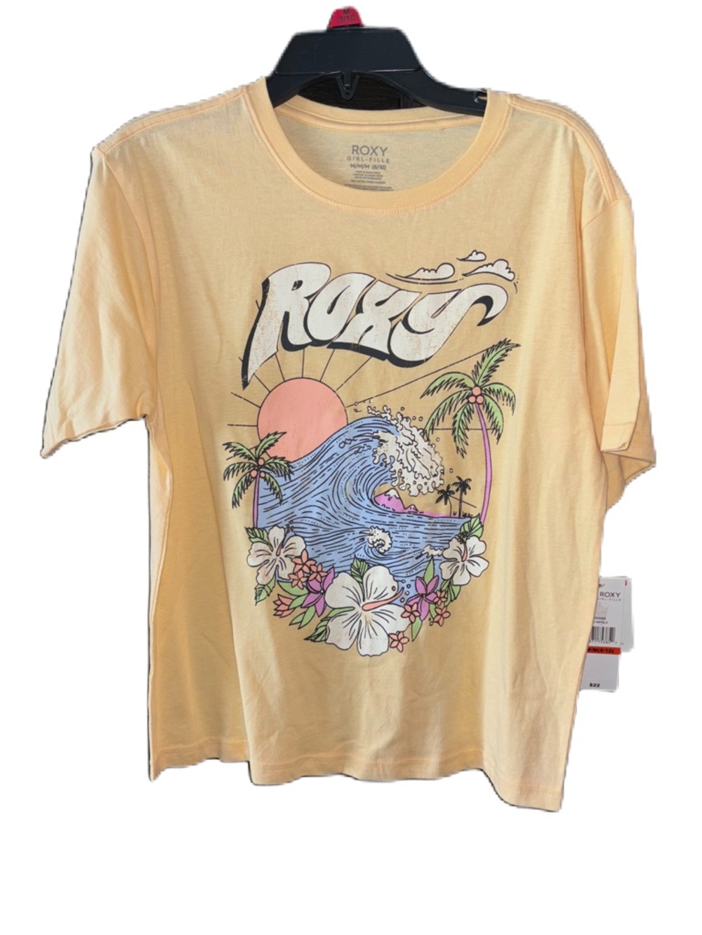 Roxy Pastel Yellow Graphic Tee with Surf Motif Girls M (8-10)
